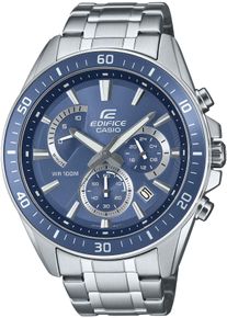 CASIO EDIFICE Herren Chronograph, silber, Armbanduhren, Quarzuhr, Armbanduhr, Herrenuhr, Stoppfunktion, Datum, Lederarmband