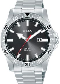 Lorus Herren Solaruhrsilberfarben, schwarz, Armbanduhren, Armbanduhr, Herrenuhr, Silikonarmband, analog, Datum, Leuchtindizes