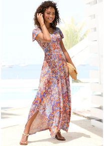 Buffalo Damen Maxikleid, bunt, modisch, Gr. 42, bedruckt, Jersey, Obermaterial: 100% Viskose, Kleider, mit asymmetrisch fallendem Saum, Sommerkleid