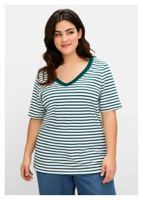 sheego Damen T-Shirt "Große Größen", blau, casual, Gr. 48, gestreift, Obermaterial: 97% Baumwolle, 3% Elasthan, Shirts, mit V-Ausschnitt, in
