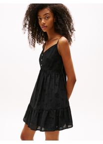 Tommy Jeans Damen Minikleid "TJW BRODERIE ANGLAISE DRESS", schwarz, casual, Gr. L, unifarben, Web, Obermaterial: 100% Baumwolle, Kleider, mit Volant