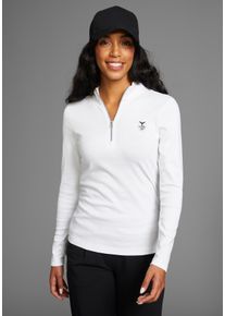DELMAO Damen Langarmshirt, weiß, casual, Gr. 48, unifarben, clean, bedruckt, Rippware, Obermaterial: 100% Baumwolle, Shirts, mit Troyer-Kragen