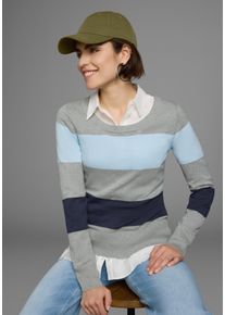 AJC Damen Rundhalspullover, blau, casual, Gr. 44, gestreift, Feinstrick, Obermaterial: 50% Baumwolle, 50% Polyacryl, Pullover, mit breiten
