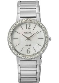 Seiko Damen Solaruhr, silber, Armbanduhren, Armbanduhr, Damenuhr, Perlmutt-Zifferblatt, Kristallsteine, Edelstahl