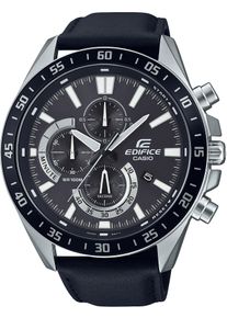 CASIO EDIFICE Herren Chronograph, schwarz, Armbanduhren, Quarzuhr, Armbanduhr, Herrenuhr, Lederarmband,Datum, Lederband