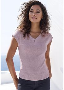 Lascana Damen Kurzarmshirt "mit funkelndem Strassknopf", lila, feminin, Gr. 32, Strukturmuster, unifarben, Strick, Obermaterial: 85% Viskose (LENZING