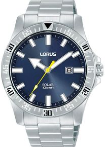 Lorus Herren Solaruhrsilberfarben, blau, Armbanduhren, Armbanduhr, Herrenuhr, Silikonarmband, analog, Datum, Leuchtindizes