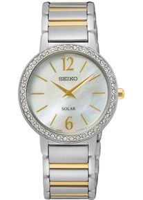 Seiko Damen Solaruhr, silber, Armbanduhren, Armbanduhr, Damenuhr, Perlmutt-Zifferblatt, Kristallsteine, Edelstahl