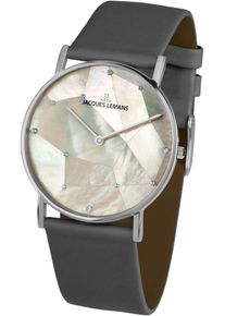 Jacques Lemans Damen Quarzuhr "York", grau, Armbanduhren, Armbanduhr,Damen,Perlmutt-Zifferblatt,Swarovski-Kristalle,Lederarmband