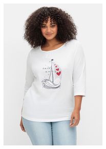 sheego Damen 3/4-Arm-Shirt "Große Größen", beige, casual, Gr. 46, bedruckt, Obermaterial: 100% Baumwolle, Shirts, mit maritimen Frontdruck