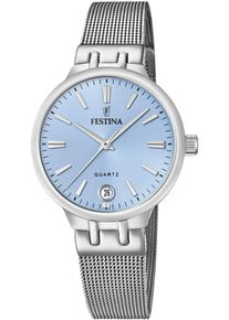 Festina Damen Quarzuhr "Mademoiselle"silberfarben, hellblau, Armbanduhren, Armbanduhr, Damenuhr, Edelstahlarmband, analog, Datum