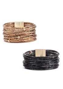 Lascana Damen Wickelarmband Set, schwarz, feminin, glänzend, Lederimitat, Armbänder, in Layer Optik mit Perlen, Magnetarmband, Armketten Set