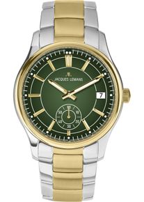 Jacques Lemans Herren Quarzuhr "Derby"silbergoldfarben, grün, Armbanduhren, Armbanduhr, Herrenuhr, Lederarmband, analog, Tag, kleine Sekunde