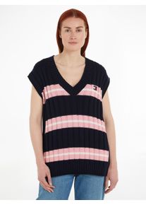 Tommy Jeans Damen V-Ausschnitt-Pullover "TJW STRIPE V-NECK VEST", blau, casual, Gr. S, gestreift, Strick, Obermaterial: 50% Baumwolle, 50% Polyacryl,