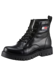 Tommy Jeans Damen Schnürboots "TJW LACE UP BOOT", Gr. 40, schwarz, Leder, glänzend, modisch, Schuhe, Blockabsatz, Plateau, Schnürstiefelette, Chunky