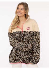 Zwillingsherz Damen Troyer ""Leo Lover"", beige, casual, Gr. SM, Obermaterial: 50% Baumwolle, 50% Polyester, Pullover, mit Fleece Muster