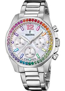 Festina Damen Chronograph "Boyfriend Collection", silber, Armbanduhren, Armbanduhr, Quarzuhr, Damenuhr, Stoppfunktion, Regenbogen