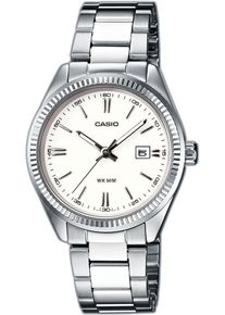 Damen Quarzuhr, silber, CASIO TIMELESS COLLECTION, Armbanduhren, Armbanduhr, Damenuhr, analog, Datum, Edelstahlarmband