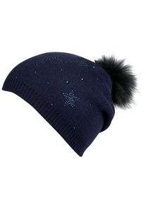 Damen Bommelmütze, blau, feminin,klassisch,modisch, Capelli New York, unifarben, Feinstrick, Strick, Materialmix, Mützen, mit Fellbommel-Akzent