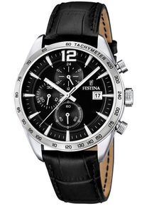 Festina Herren Chronograph, schwarz, Armbanduhren, Armbanduhr, Quarzuhr, Herrenuhr, Lederarmband, Stoppfunktion