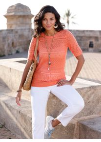 Classic Basics Damen Ajourpullover "Ajour-Pullover", orange, Gr. 44, gemustert, ethno, gestreift, 100% Polyacryl, Pullover