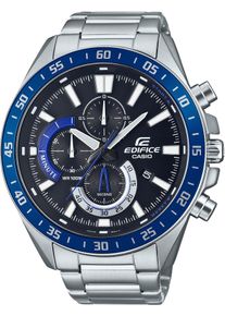 CASIO EDIFICE Herren Chronograph, silber, Armbanduhren, Quarzuhr, Armbanduhr, Herrenuhr, Lederarmband,Datum, Lederband