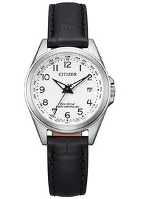 Citizen Damen Funkuhr, schwarz, Armbanduhren, Armbanduhr, Damenuhr, Solar, Lederarmband, Saphirglas, Datum