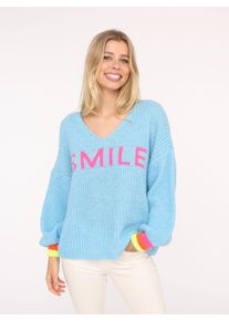 Zwillingsherz Damen Strickpullover ""Smile"", blau, modisch, unifarben mit Farbeinsatz, Strick, Obermaterial: 57% Polyamid, 29% Polyester, 7% Wolle,