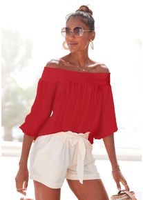 Lascana Damen Carmenbluse, rot, modisch, Gr. 36, unifarben, Cru00eape, Obermaterial: 100% Viskose, Blusen, in leichter Crinkle-Optik, Damenbluse,