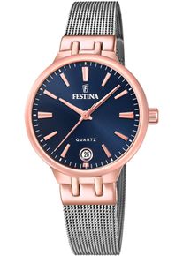 Festina Damen Quarzuhr "Mademoiselle"silberfarben, dunkelblau, Armbanduhren, Armbanduhr, Damenuhr, Edelstahlarmband, analog, Datum