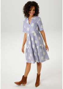 Aniston CASUAL Damen Sommerkleidblau, weiß, hellbeige, modisch, Gr. 44, gestreift, geblümt, bestickt, Web, Obermaterial: 100% Baumwolle, Kleider,