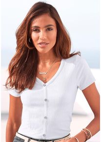 Lascana Kurzarmshirt weiß Gr. 32/34 für Damen. Tiefer V-Ausschnitt und Knöpfe. Figurbetont