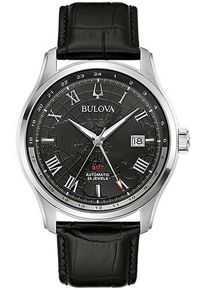 Bulova Herren Automatikuhr, schwarz, Armbanduhren, Armbanduhr, Mechansiche Uhr, Herrenuhr, GMT, Lederarmband, Saphirglas