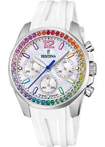 Festina Damen Chronograph "Boyfriend Collection", weiß, Armbanduhren, Armbanduhr, Quarzuhr, Damenuhr, Stoppfunktion, Regenbogen