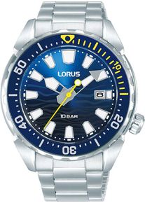 Lorus Herren Quarzuhrsilberfarben, blau, Armbanduhren, Armbanduhr, Herrenuhr, Silikonarmband, analog, Datum, Leuchtindizes