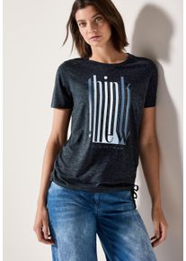 Cecil Damen T-Shirt, blau, casual, Gr. XS, bedruckt, gemustert, Jersey, Obermaterial: 65% Polyester, 35% Viskose, Shirts, mit Tunnelzug am Saum
