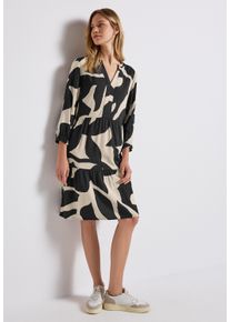 Street One Damen Midikleid, grau, casual, Gr. 46, gemustert, Web, Obermaterial: 100% Viskose, Kleider, mit Volants und grafischem Muster