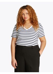 Damen V-Shirt "CRV SLIM CODY V-NK SS"breton schwarz night navy stp, casual, Gr. 46, Tommy Hilfiger Curve, gestreift, Single Jersey, Obermaterial: