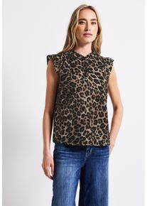 Street One Damen Blusentop, schwarz, casual, Gr. 44, animal-print, Web, 60% Leinen, 40% Baumwolle, Blusen, mit Rüschendetails
