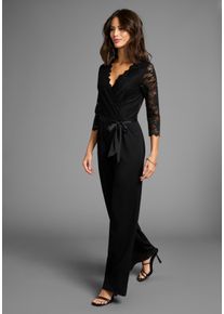 Laura Scott Damen Jumpsuit, schwarz, feminin, Gr. 36, leicht transparent, unifarben, Milano Rib, Spitze, Obermaterial: 70% Viskose, 25% Polyester, 5%