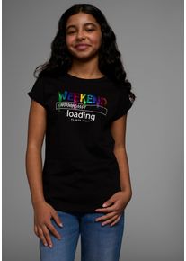 Kidsworld Mädchen T-Shirt "WEEKEND loading...please wait", schwarz, modisch, Gr. 140, bedruckt, Jersey, Obermaterial: 100% Baumwolle, Shirts,