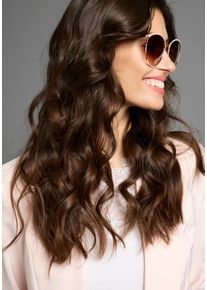 Laura Scott Damen Sonnenbrille, bunt, feminin, glänzend, gemustert, kontrastfarbene Details, Brillen, mit golffarbendem Vollrand und rosa Halbbesatz