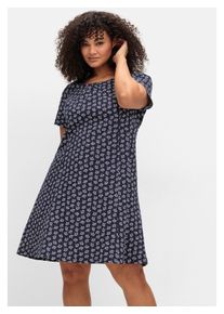 sheego Damen Jerseykleid "Große Größen", blau, feminin, Gr. 44, gemustert, Obermaterial: 100% Baumwolle, Kleider, mit schwingendem Rockteil