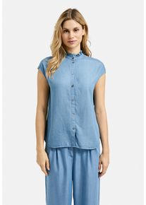 Milano Italy Damen Kurzarmbluse, blau, casual, Gr. 38, unifarben, Material: 100% Lyocell, Blusen, mit Rüschen am Ausschnitt
