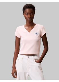Damen T-Shirt "A- SS WOVEN LABEL RIB VNECK TEE"cloud pink, feminin, Gr. XXL, Calvin Klein Jeans, unifarben, Rippware, Obermaterial: 95% Baumwolle, 5%