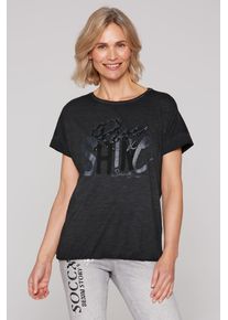 SOCCX Damen Rundhalsshirt, schwarz, casual, Gr. L, bedruckt, Glitzermuster, Material: 100% Baumwolle, Shirts, mit Gummizug im Saum