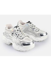 Buffalo Damen Plateausneaker "SCORE TEC", Gr. 38, silber, Lederimitat, Textil, metallic, sportlich, Schuhe, Ugly Sneaker, Schnürschuh,