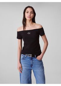 Damen Blusentop "MNGRM OFF SHLDR STRT", schwarz, feminin, Gr. S, Calvin Klein Jeans, unifarben, Web, Obermaterial: 95% Baumwolle, 5% Elasthan,