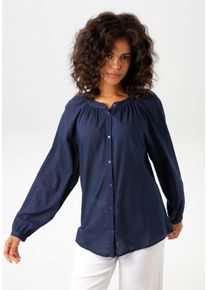 Aniston CASUAL Damen Langarmbluse, blau, casual, Gr. 46, unifarben, Web, Crash, Obermaterial: 100% Baumwolle, Blusen, aus strukturierter Baumwolle