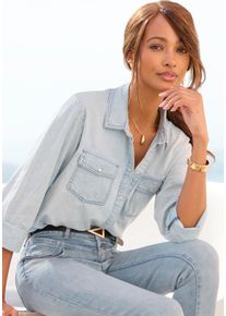 Buffalo Damen Jeansbluse, blau, modisch, Gr. 34, Web, Obermaterial: 100% Baumwolle, Blusen, mit Druckknöpfen, lässig, Western-Stil